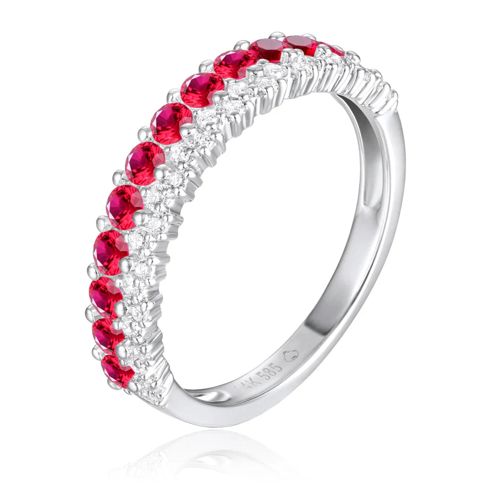 14K White Gold Ruby And Diamond Two Row Ring