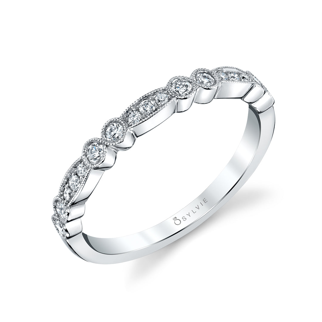 Sylvie 14K White Gold Vintage Style Diamond Wedding Band