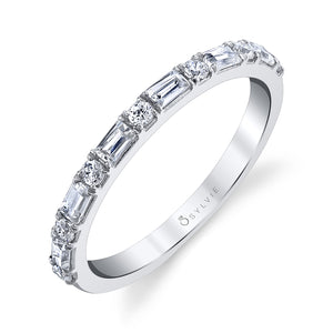 Sylvie 14K White Gold Baguette & Round Diamond Wedding Band