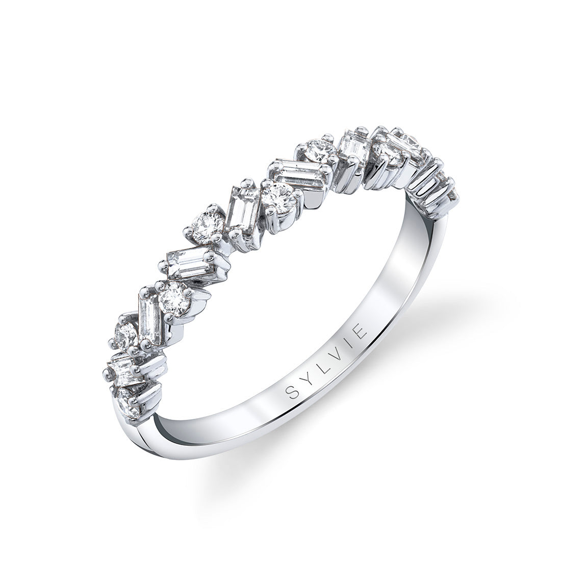Sylvie 14K White Gold Classic Baguette & Round Alternating Diamond Wedding Band