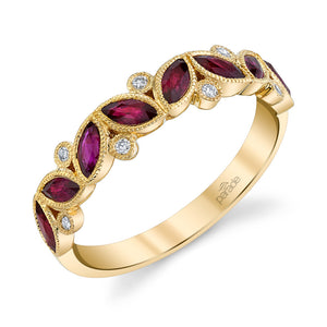 14K Yellow Gold Marquise Cut Ruby & Round Diamond Bezel Ring