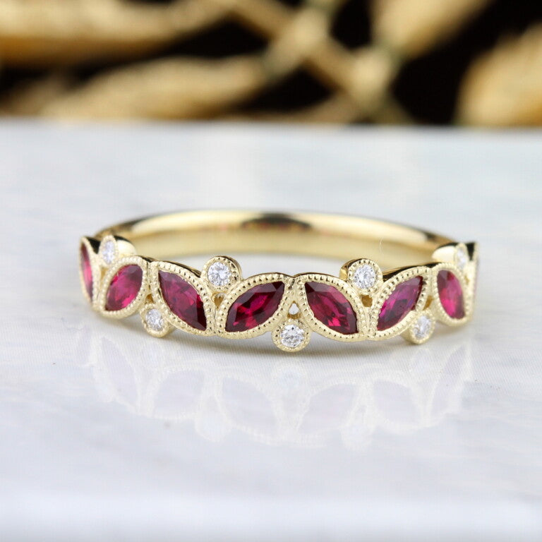 14K Yellow Gold Marquise Cut Ruby & Round Diamond Bezel Ring