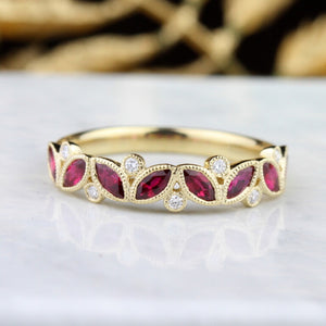 14K Yellow Gold Marquise Cut Ruby & Round Diamond Bezel Ring