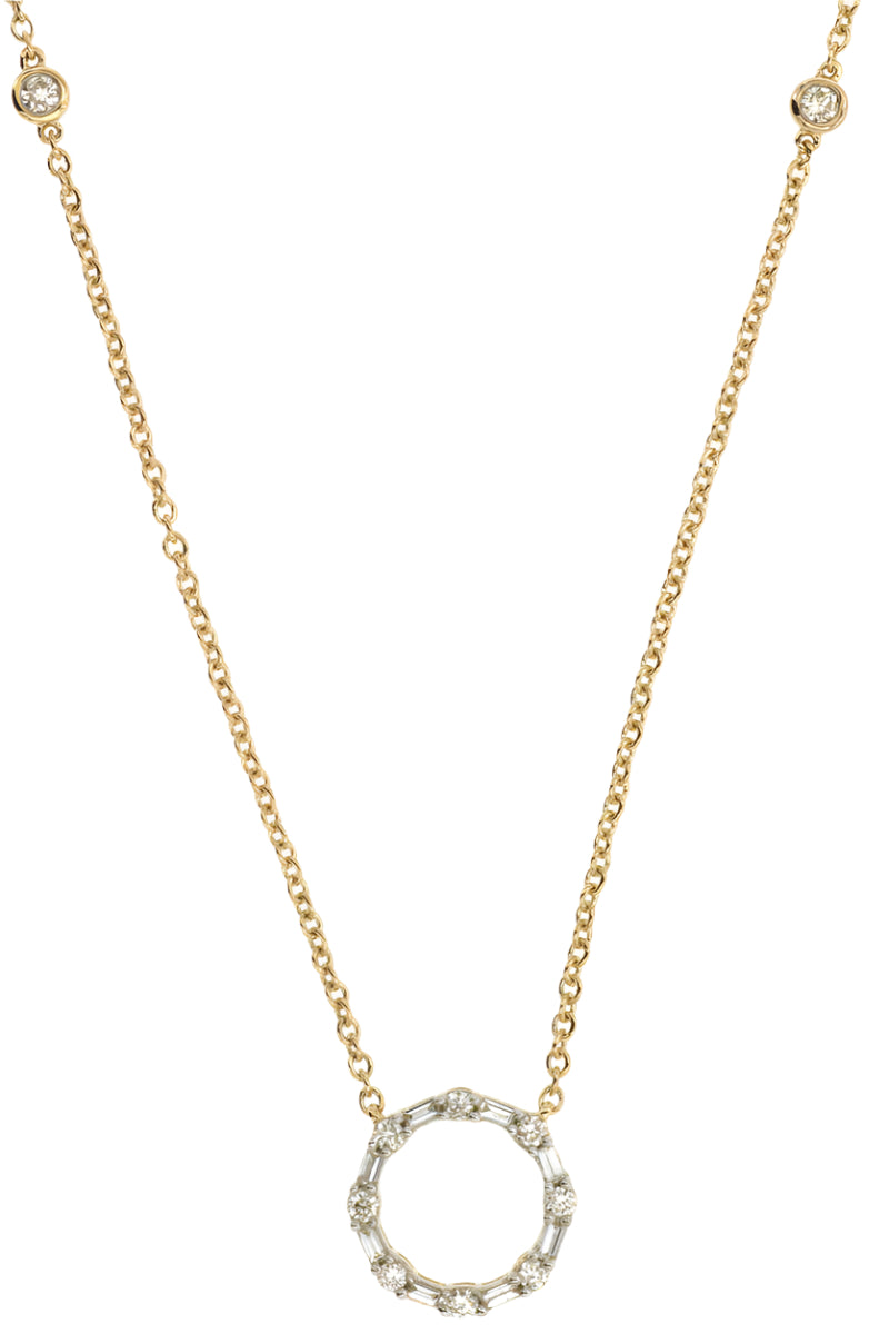 14K Yellow Gold Baguette & Round Diamond Circle Necklace