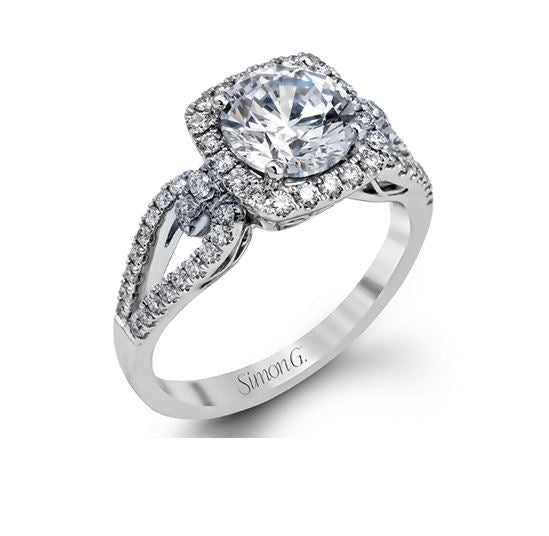 18K White Gold Cushion Shape Diamond Halo Engagement Ring with Loop Design Shank by Simon G. Jewelry