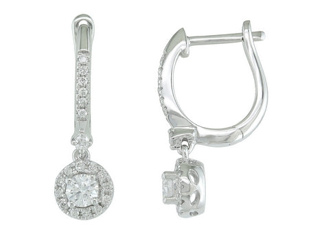 14K White Gold Diamond Halo Drop Huggie Earrings