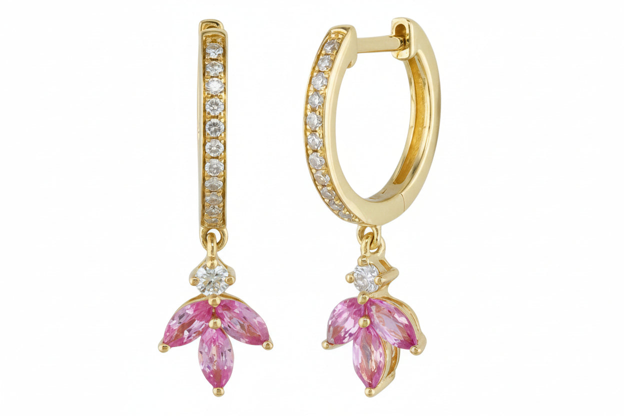 14K Yellow Gold Pink Sapphire & Diamond Huggie Earrings