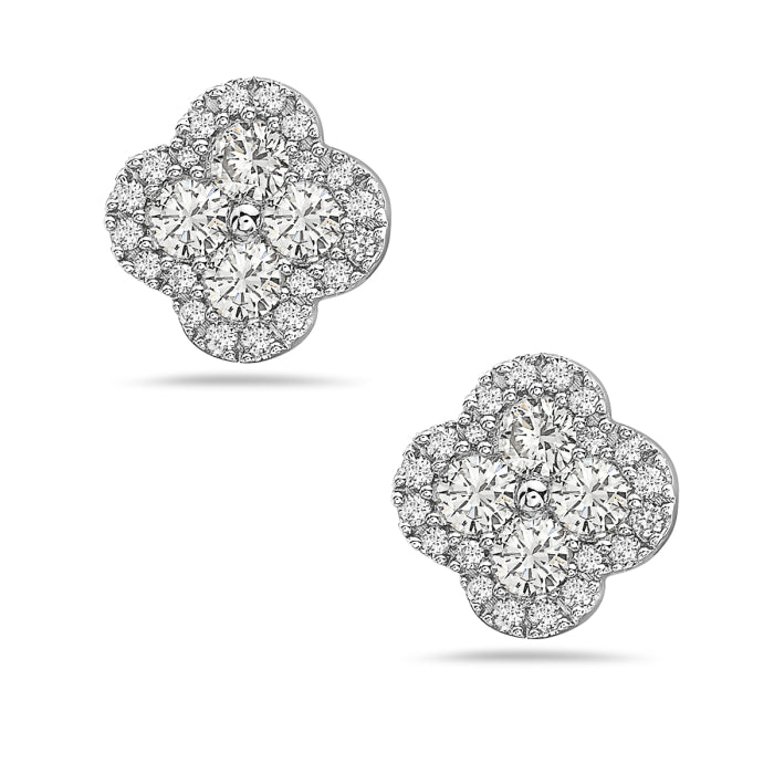 14K White Gold Diamond Clover Stud Earrings