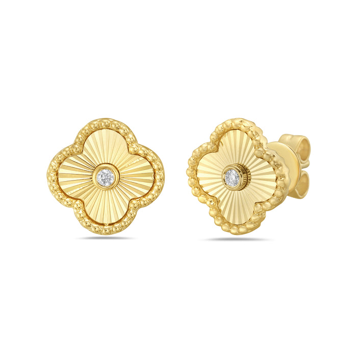 14K Yellow Gold Diamond Clover Textured Stud Earrings