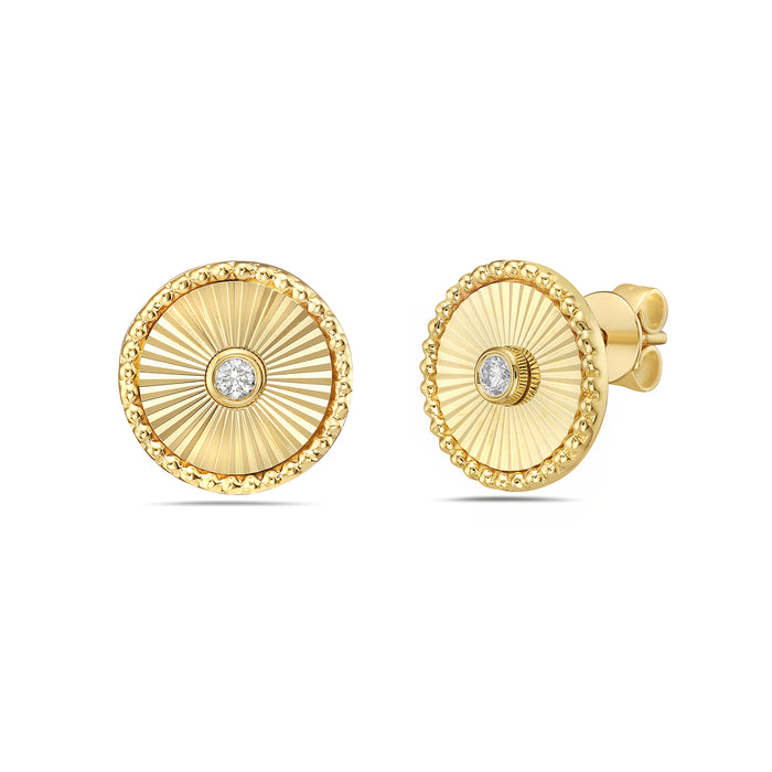 14K Yellow Gold Diamond Cut Fluted Round Stud Earrings