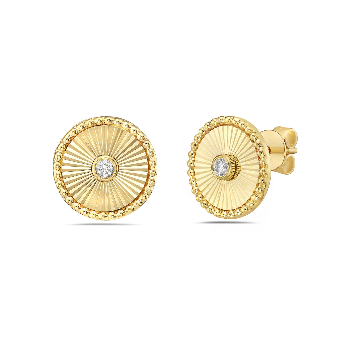 14K Yellow Gold Fluted Round Stud Earrings with Diamond Accents
