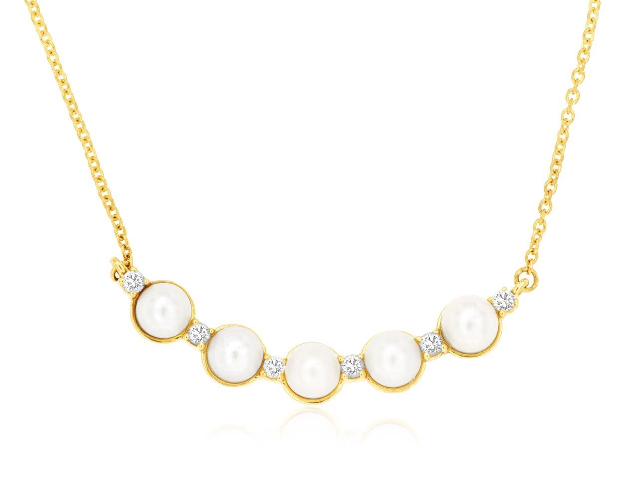 14K Yellow Gold Pearl & Diamond Bar Necklace