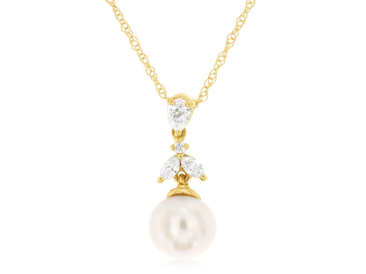 14K Yellow Gold Pearl & Marquise Cut Diamond Drop Necklace