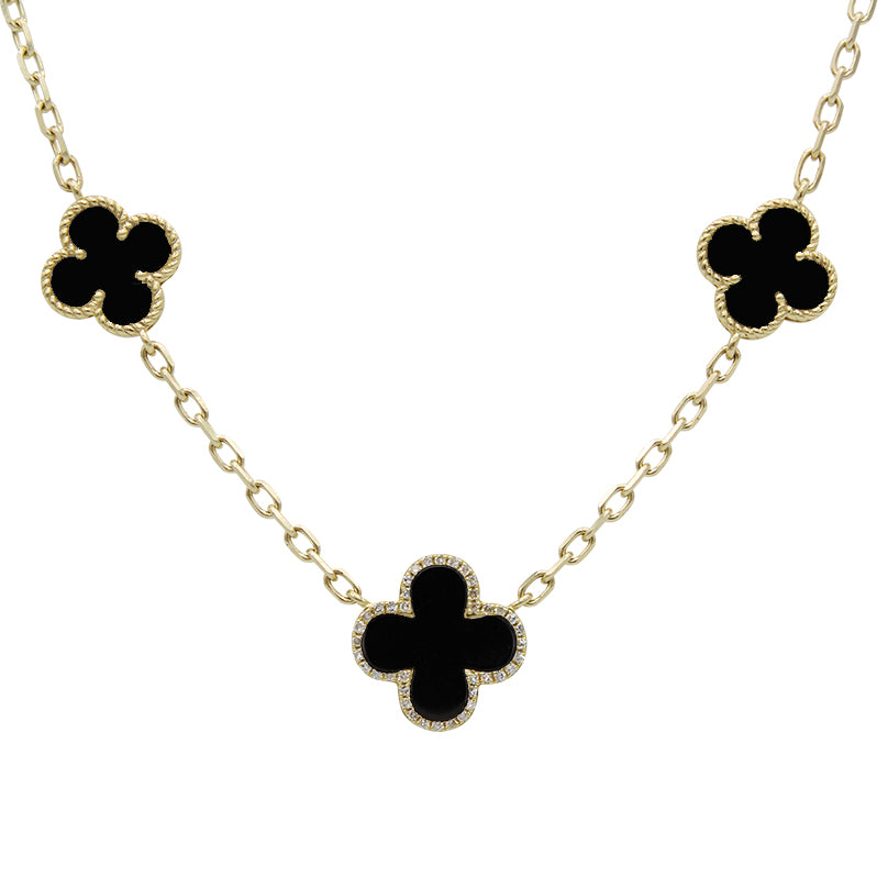 14K Yellow Gold Black Agate And Diamond Clover 3 Station Necklace