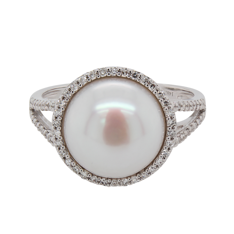 14K White Gold Pearl Ring with Diamond Halo & Split Shank