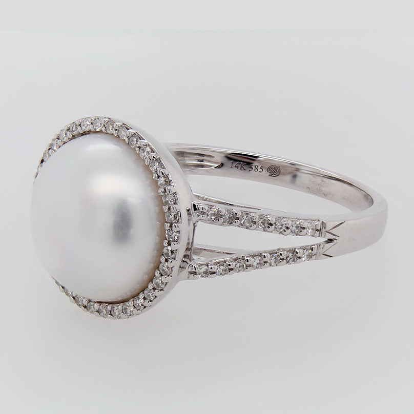 14K White Gold Pearl Ring with Diamond Halo & Split Shank