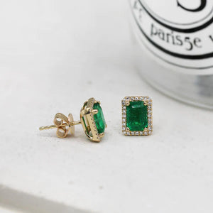 14K White Gold Emerald & Diamond Halo Stud Earrings