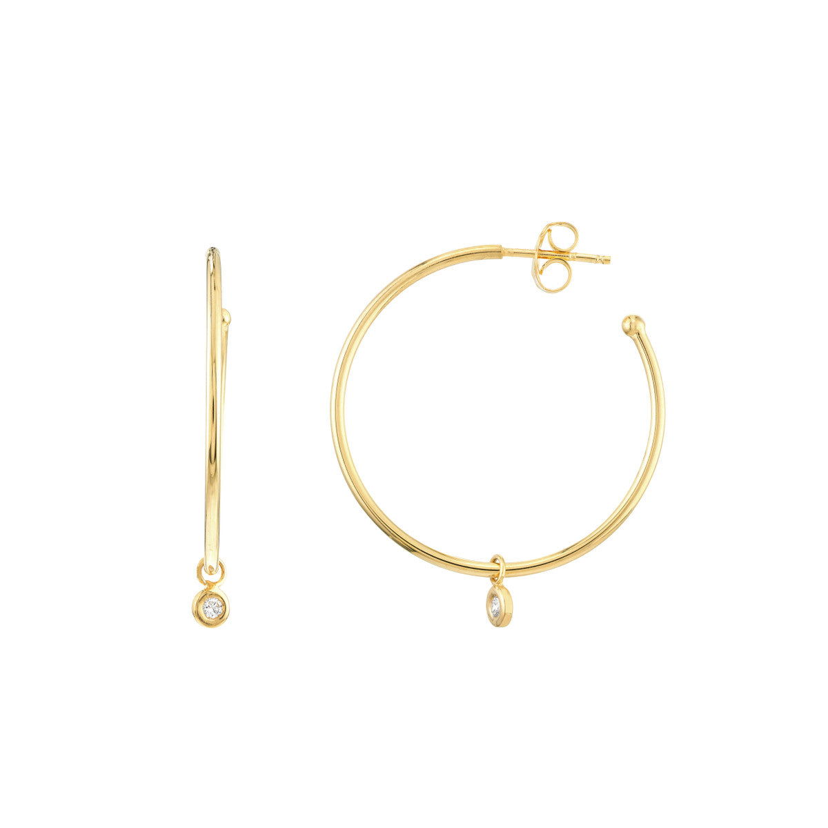 14K Yellow Gold Diamond Bezel Dangle Hoop Post Earrings