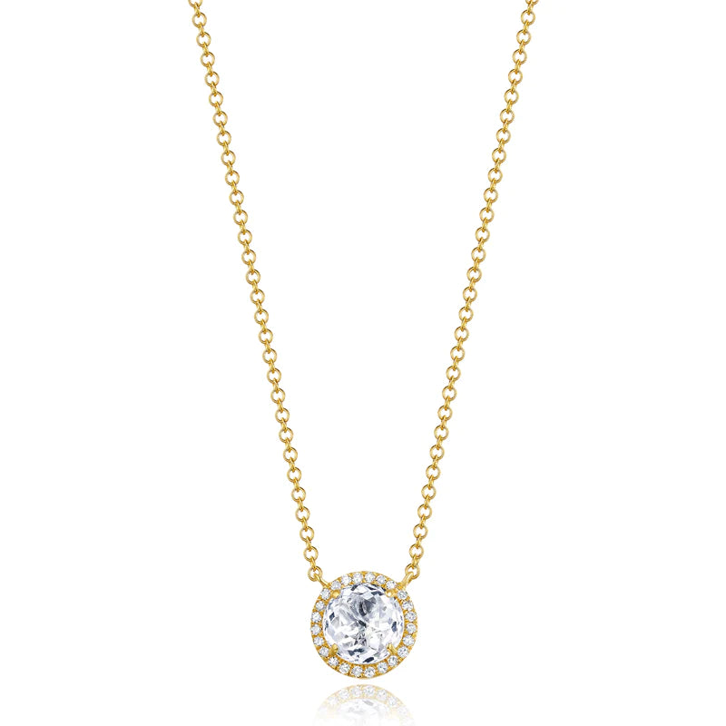 14K Yellow Gold White Topaz & Diamond Halo Necklace