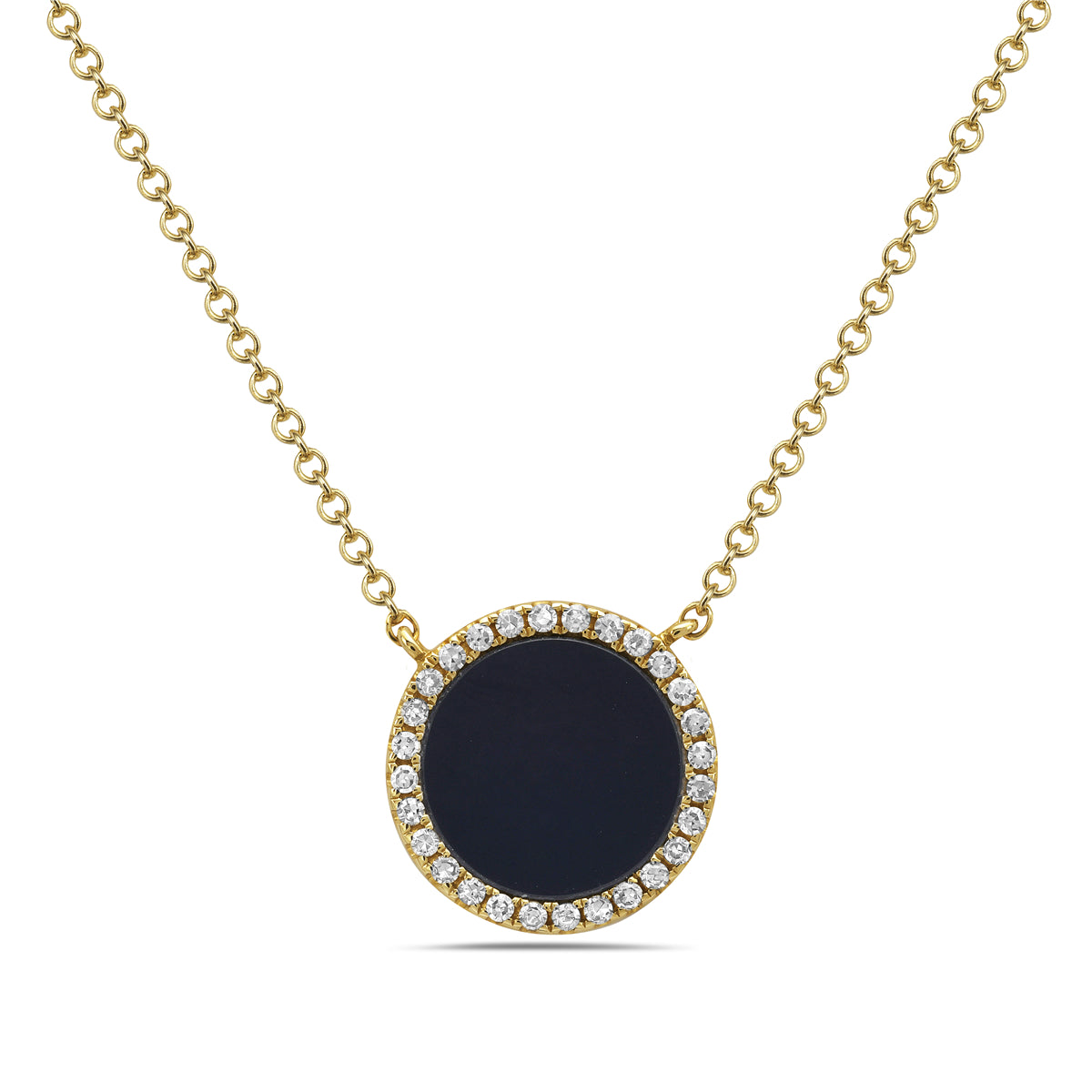 14K Yellow Gold Black Onyx & Diamond Halo Necklace