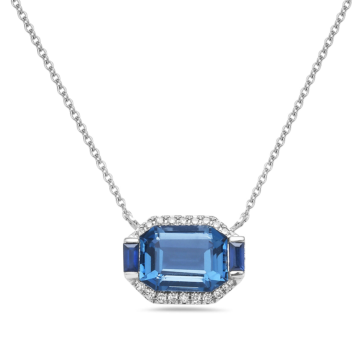 14K White Gold Emerald Cut London Blue Topaz & Diamond Necklace