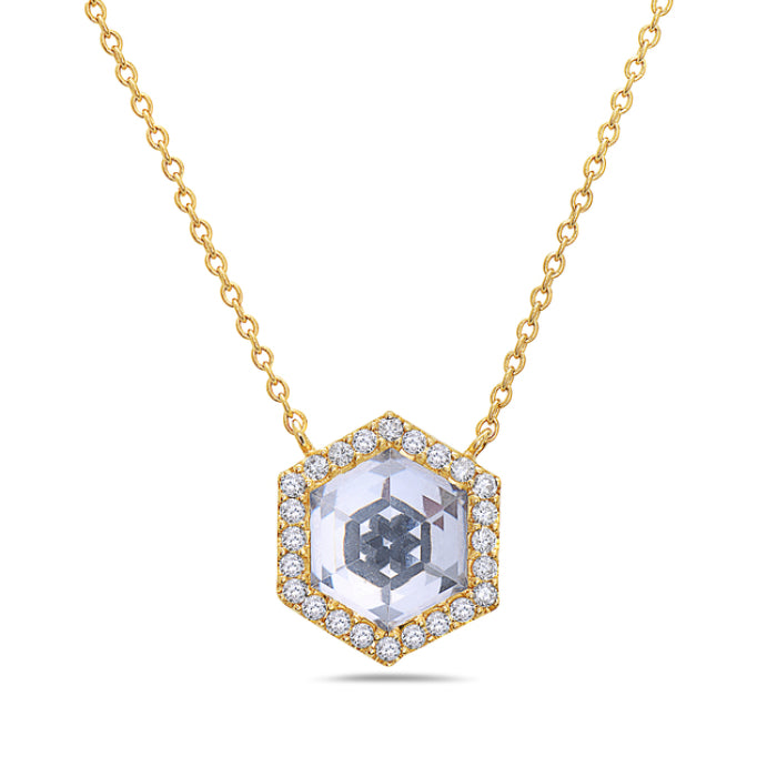 14K Yellow Gold White Topaz & Diamond Halo Necklace