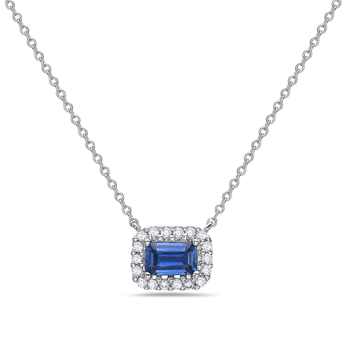 14K White Gold Sapphire & Diamond Halo Small Necklace