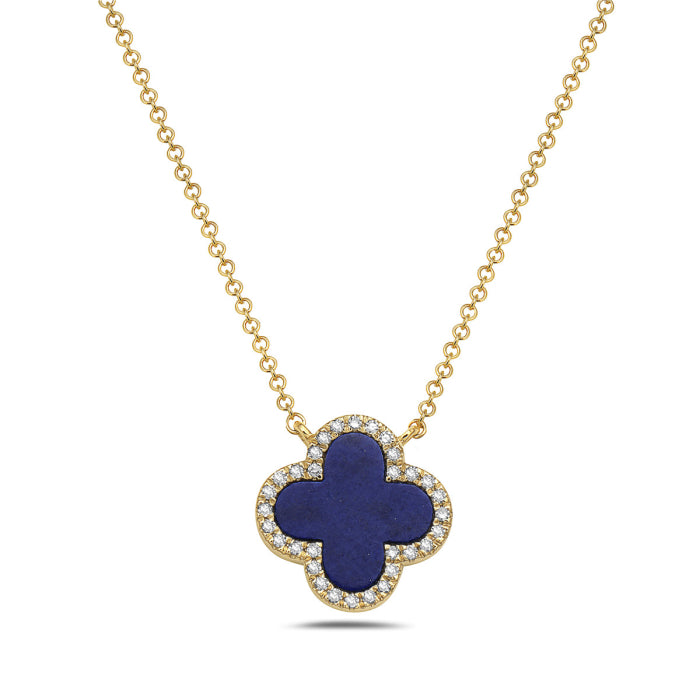 14K Yellow Gold Lapis Lazuli Clover & Diamond Surround Necklace