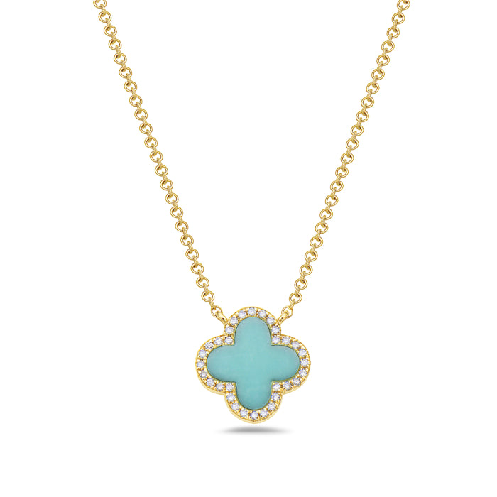 14K Yellow Gold Turquoise Clover Necklace with Diamond Surround