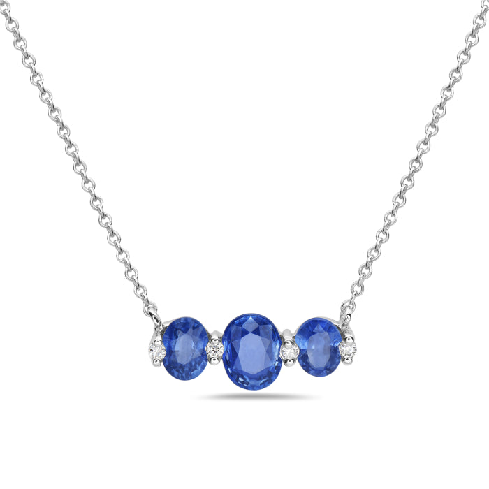 14K White Gold Oval Sapphire & Diamond Three Stone Necklace