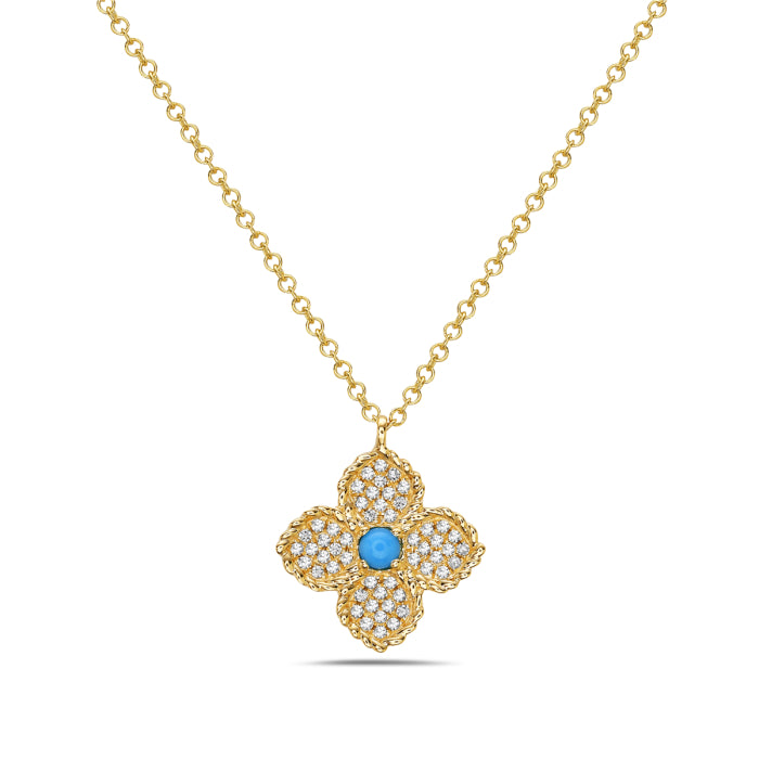 14K Yellow Gold Turquoise & Diamond Clover Necklace