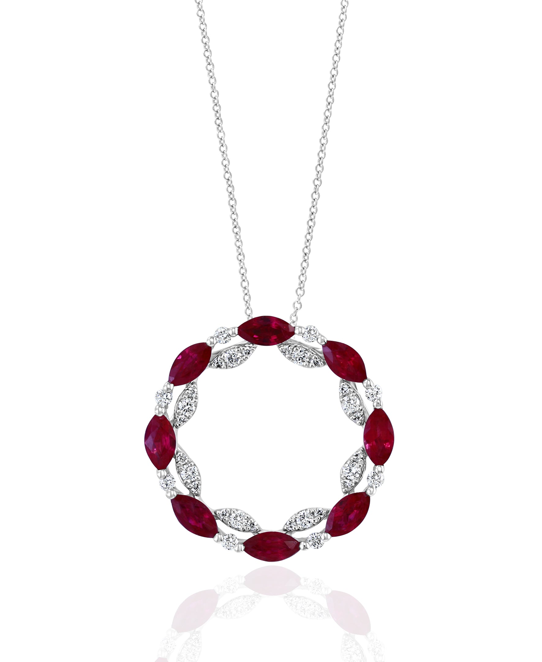 18K White Gold Ruby & Diamond Circle Necklace