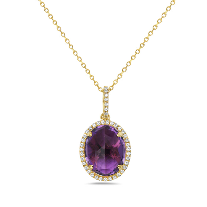 14K Yellow Gold Oval Amethyst & Diamond Halo Necklace