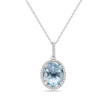 14K White Gold Swiss Blue Topaz & Diamond Halo Necklace