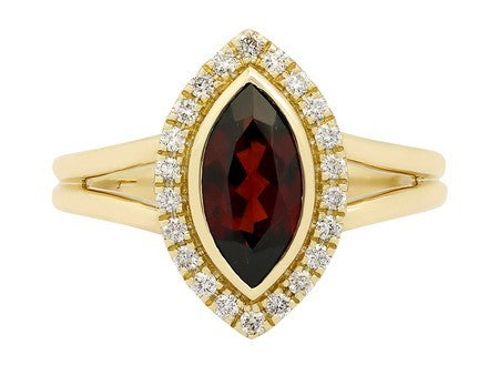14K Yellow Gold Marquise Garnet And Diamond Halo Ring