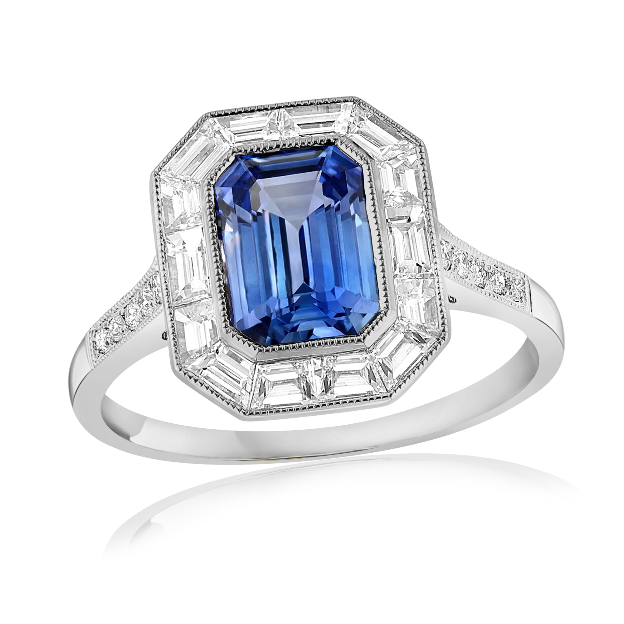 Platinum Emerald Cut Sapphire & Diamond Ring
