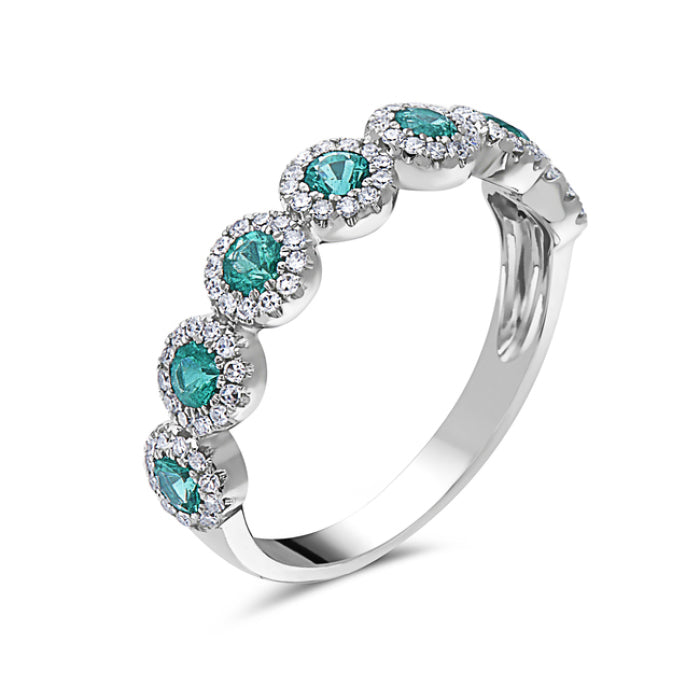 14K White Gold Five Stone Emerald & Diamond Halo Ring