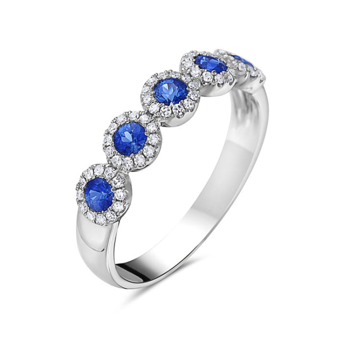14K White Gold Five Stone Sapphire & Diamond Halo Ring