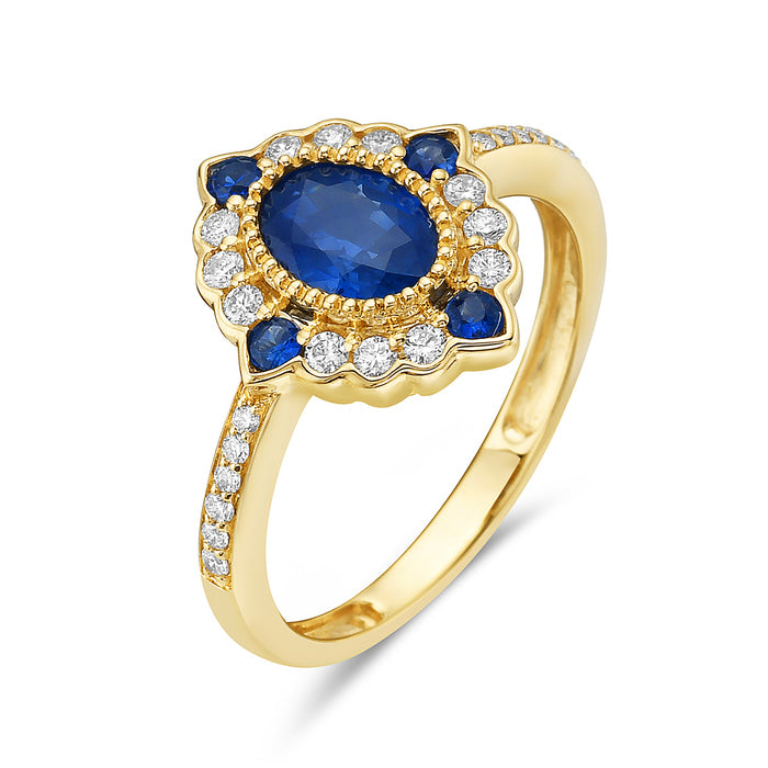 14K Yellow Gold Sapphire & Diamond Vintage Design Ring