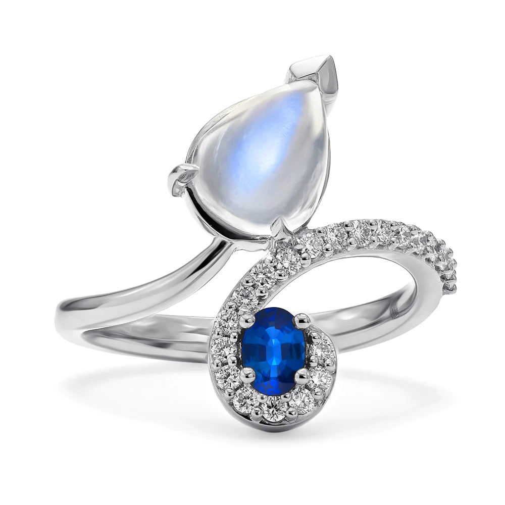 18K White Gold Sapphire & Moonstone Bypass Ring