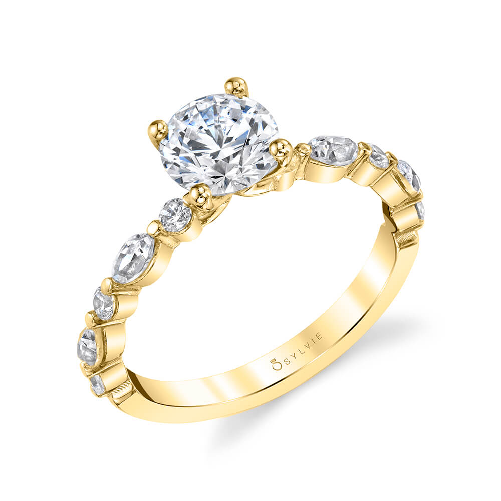 Sylvie 14K Yellow Gold Alternating Marquis & Round Diamond Engagement Ring