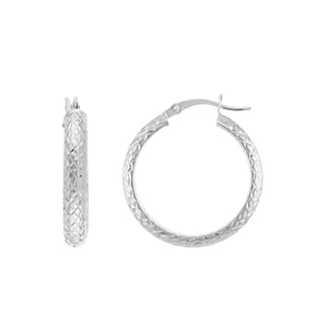 14K White Gold Diamond-Cut Hoop Earrings