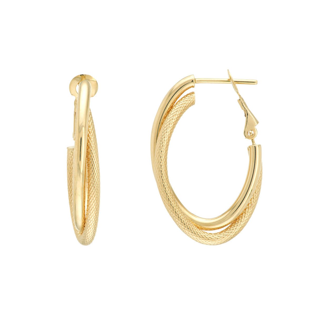 14K Yellow Gold Interwoven Textured & Polished Oval Tube Hoop Earrings