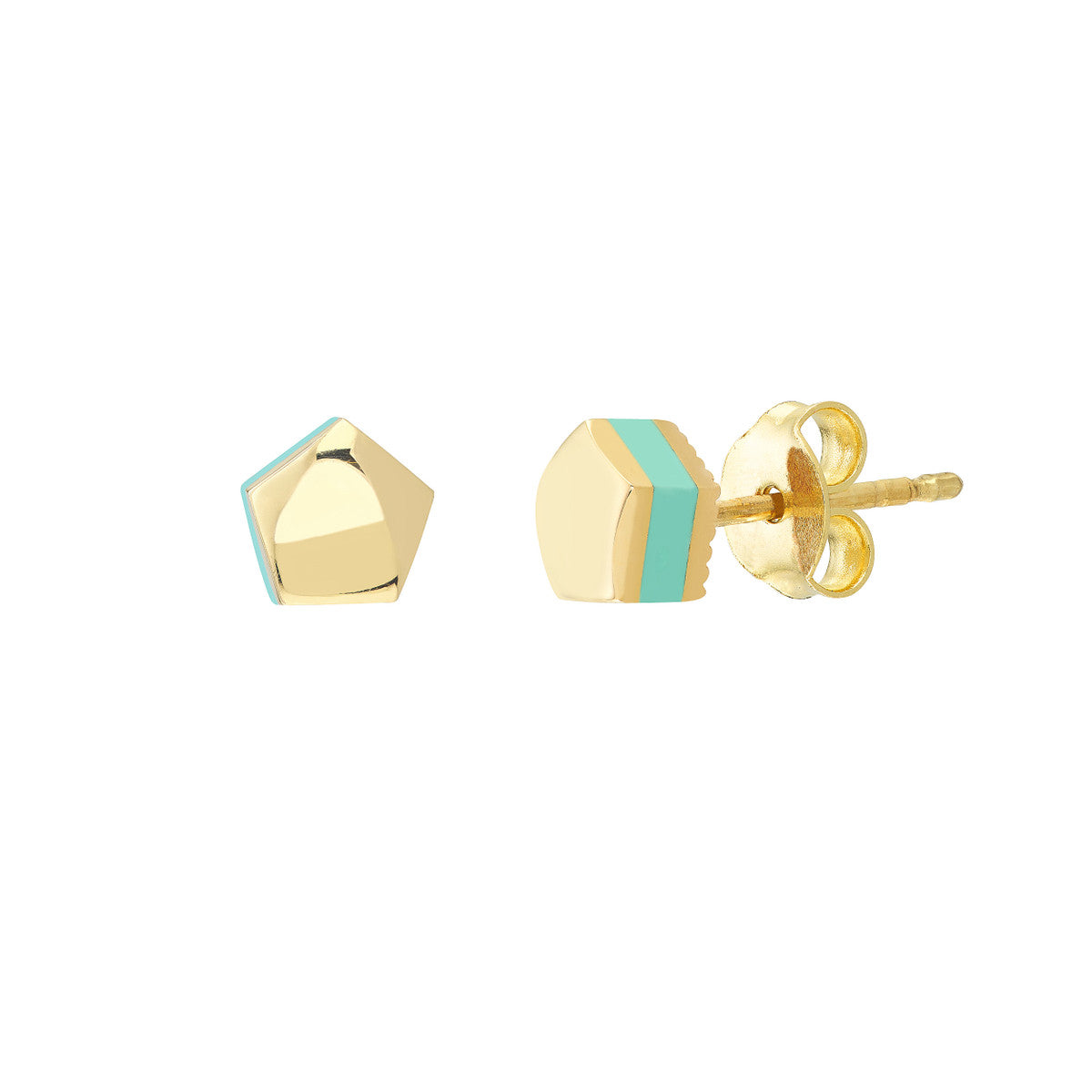 14K Yellow Gold Domed Pentagon Turquoise Enamel Stud Earrings