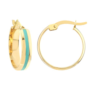 14K Yellow Gold Turquoise Enamel Round Hoop Earrings