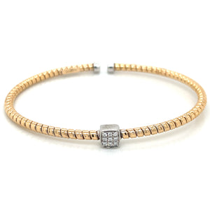 18K Rose Gold Textured Flexible Bangle Bracelet with Diamond Pave Center Station