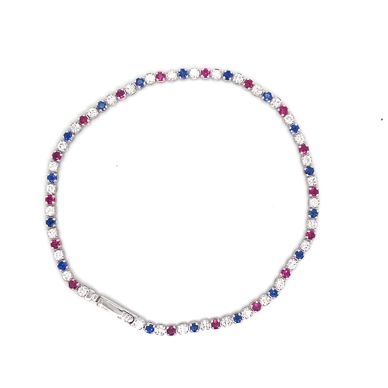 Simon G 14K White Gold Bracelet with Alternating Diamonds, Rubies, and Sapphires