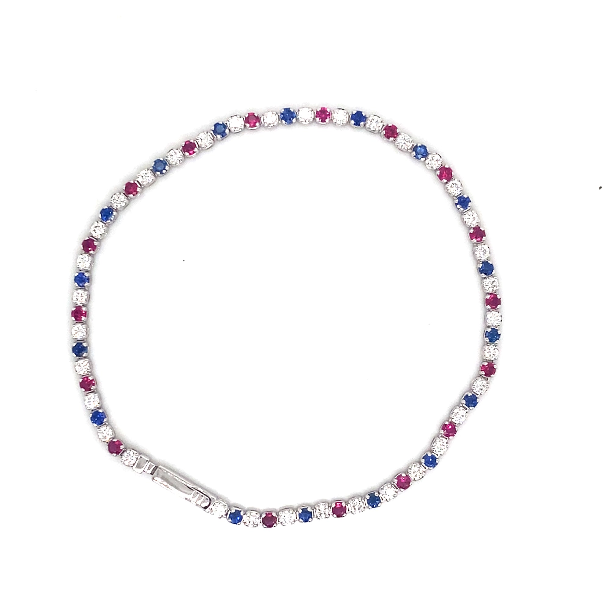 Simon G 14K White Gold Bracelet with Alternating Diamonds, Rubies, and Sapphires