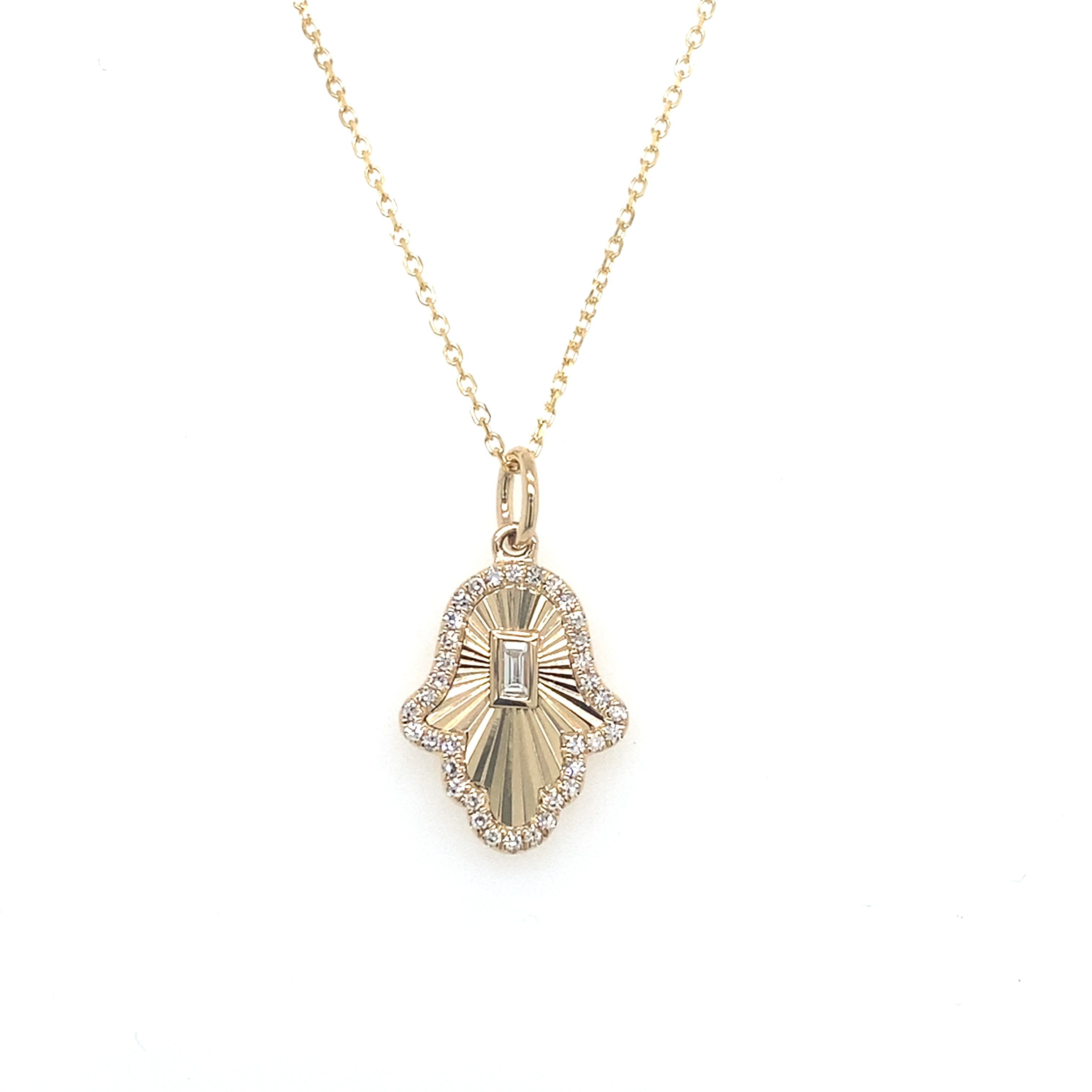 14K Yellow Gold Diamond Hamsa Necklace with Starburst Center