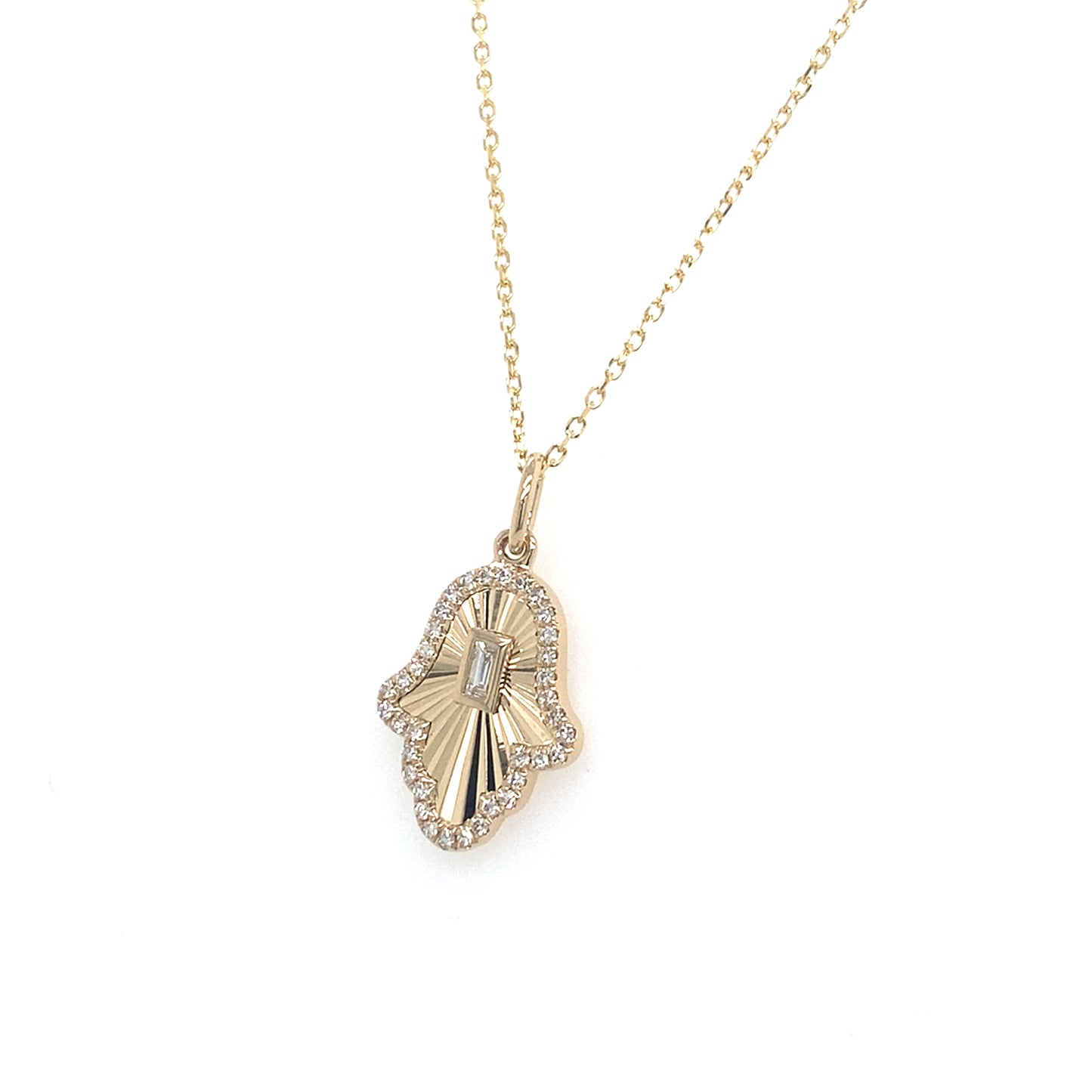 14K Yellow Gold Diamond Hamsa Necklace with Starburst Center